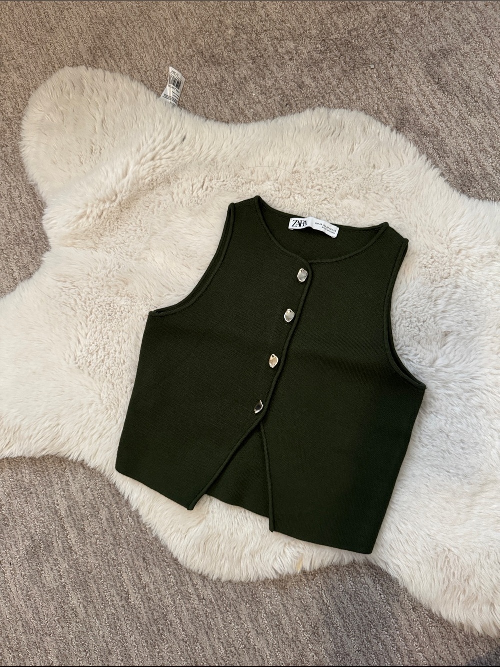 Zara Olive Green Ribbed Button Front Crop Tank